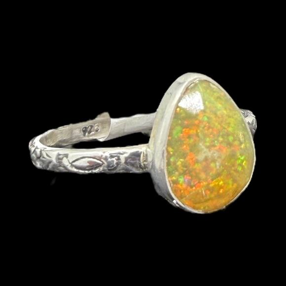 Rose Cut Pear Ethiopian Opal Ring 925 Sterling Silver Size 9 Carved Band - Picture 6 of 7